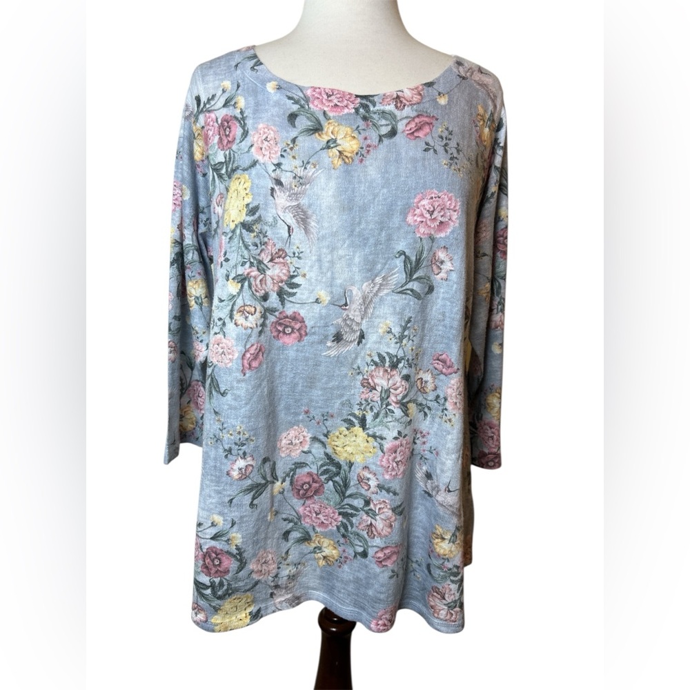 Soft Surroundings Tunic Size XL  Floral Tancho Bird Italian Romantic 3/4 Sleeves